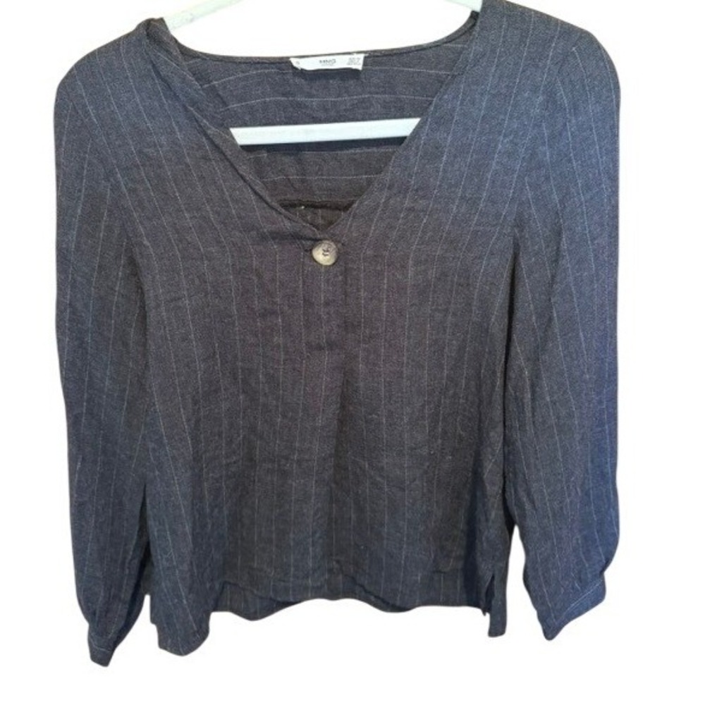 MNG Mango Casual Pinstripe V-Neck Single Button Blouse Top Grey USA 2